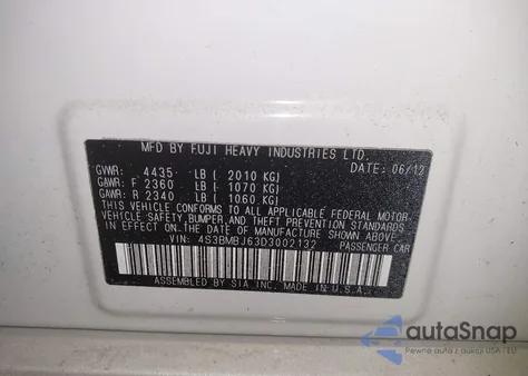 2013 Subaru Legacy 2.5I Limited from USA, damaged, VIN 4S3BMBJ63D3002132